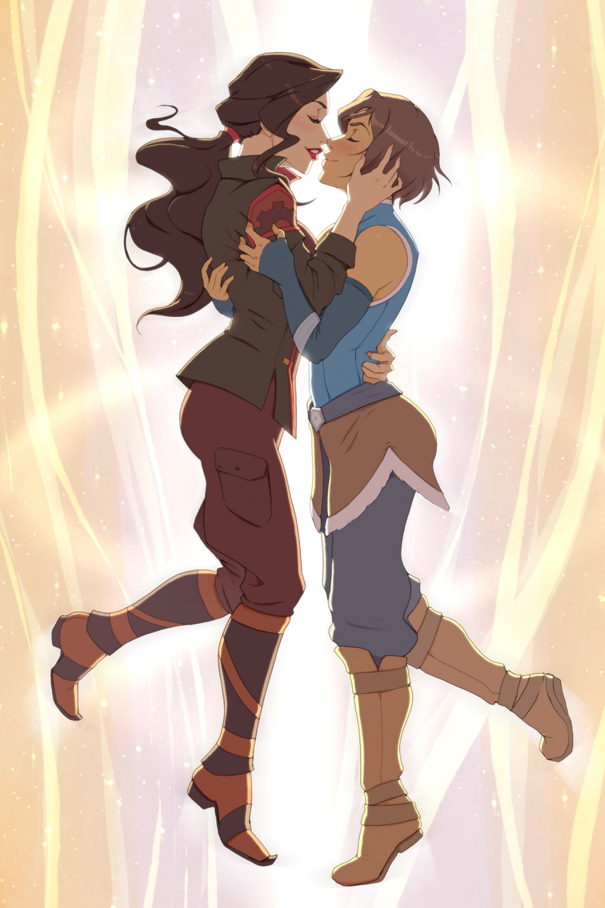 2girls arm_around_waist asami_sato avatar:_the_last_airbender black_hair boots brown_hair closed_eyes couple dark_skin elbow_gloves eyeshadow fingerless_gloves floating gloves highres incipient_kiss korra lipstick makeup multiple_girls owler pelt ponytail red_lipstick short_hair sleeveless the_legend_of_korra yuri