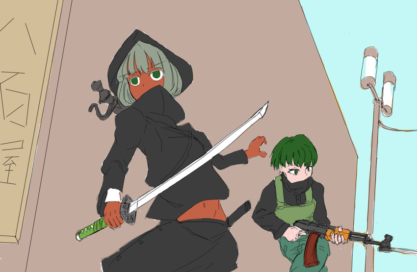 1boy 1girl ak-47 artist_request bangs from_below green_eyes green_hair isil isil-kun isis-chan katana original outdoors personification short_hair sketch tagme weapon