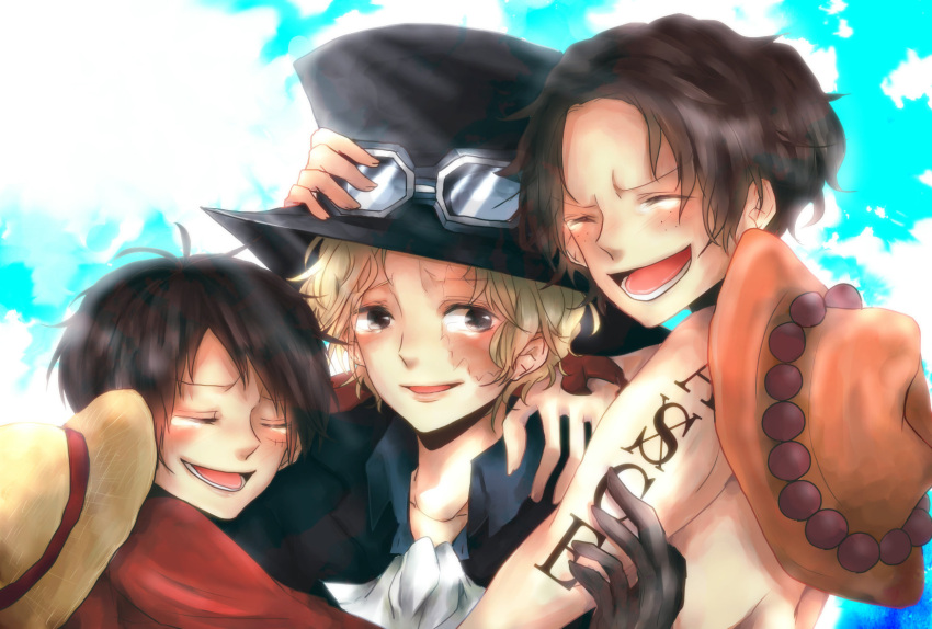 3boys blonde_hair brothers cravat freckles gloves goggles goggles_on_hat hat hug jewelry male_focus monkey_d_luffy multiple_boys necklace one_piece portgas_d_ace red_shirt sabo_(one_piece) shirt siblings smile stampede_string straw_hat tattoo top_hat topless trio