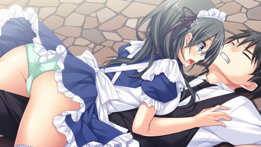1girl ass black_hair blue_eyes blush breasts clenched_teeth closed_eyes game_cg glasses green_panties large_breasts lautes_alltags legs long_hair lying maid maid_headdress on_stomach open_mouth panties sorai_shin'ya teeth thighs underwear