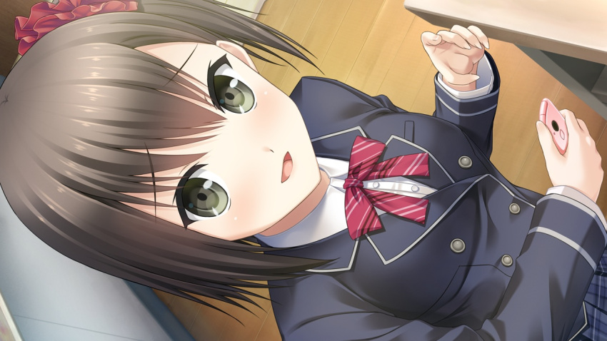 1girl black_eyes black_hair blush bow bowtie breasts cellphone fuyuki_shinobu game_cg haru_kiss looking_at_viewer open_mouth phone school_uniform side_ponytail skirt small_breasts solo standing wooden_floor