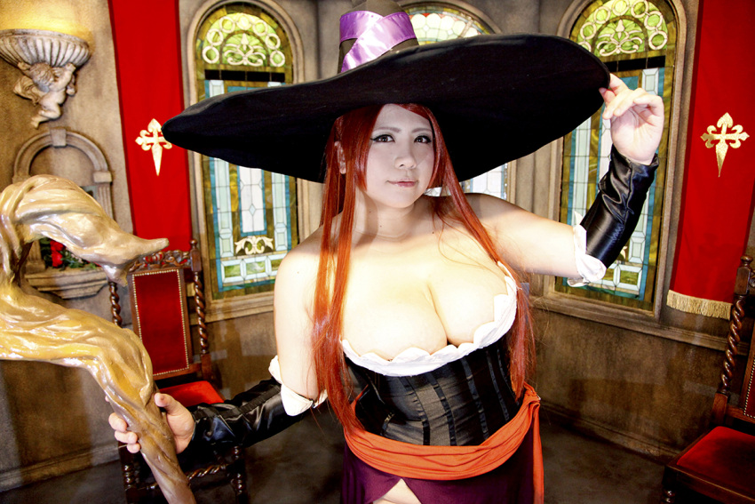 1girl asian breasts chouzuki_maryou cosplay dragon's_crown hat hips large_breasts photo plump red_upholstery redhead solo sorceress sorceress_(dragon's_crown) sorceress_(dragon's_crown)_(cosplay) staff stained_glass thick_thighs thighs wide_hips witch_hat