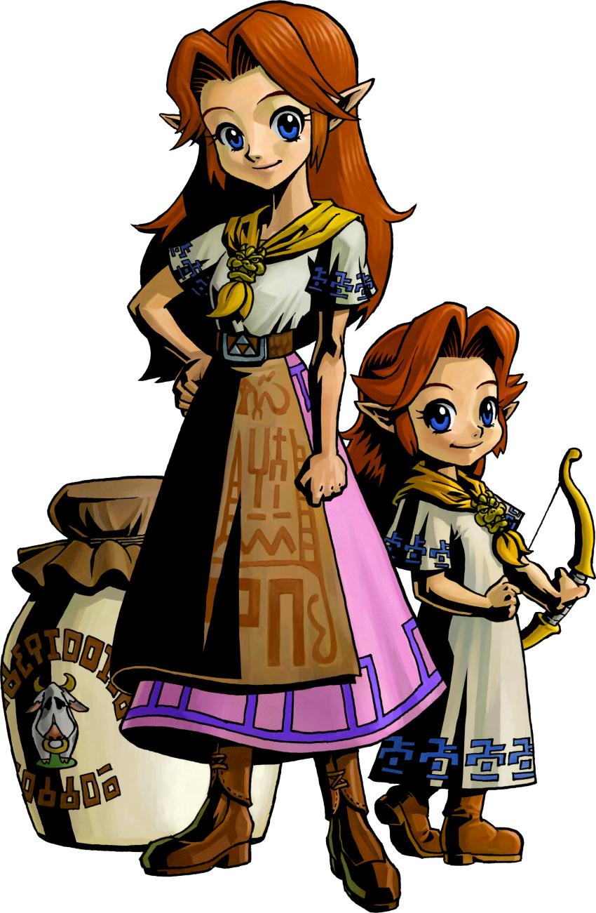 2girls blue_eyes brown_hair cremia hand_on_hip highres long_skirt looking_at_viewer multiple_girls official_art pointy_ears romani siblings sisters skirt the_legend_of_zelda the_legend_of_zelda:_majora's_mask