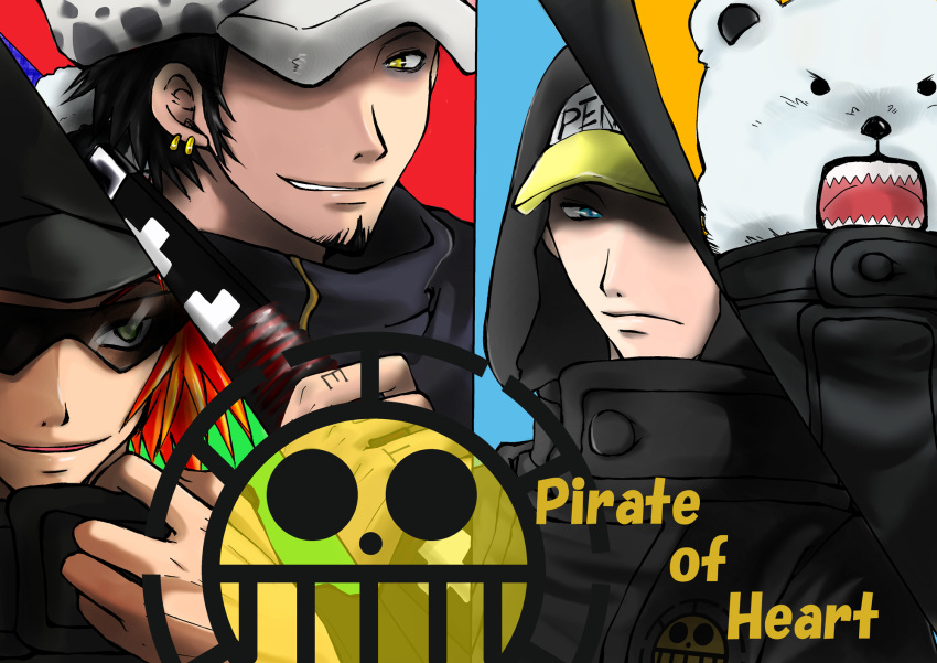 bear bepo hat hat_over_one_eye heart_pirates highres jolly_roger jumpsuit male_focus multiple_boys one_piece penguin_(one_piece) pirate redhead shachi_(one_piece) sunglasses trafalgar_law yellow_eyes