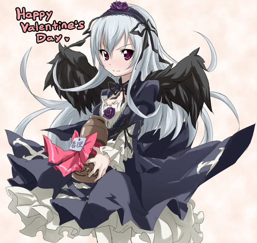 breasts cleavage dress english frills hairband long_hair obligation_chocolate purple_eyes rozen_maiden silver_hair suigintou toru_k valentine violet_eyes wings yakult