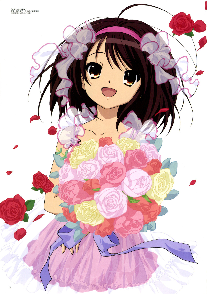 bouquet brown_hair flower highres ikeda_shouko megami megami_deluxe scan short_hair suzumiya_haruhi suzumiya_haruhi_no_yuuutsu