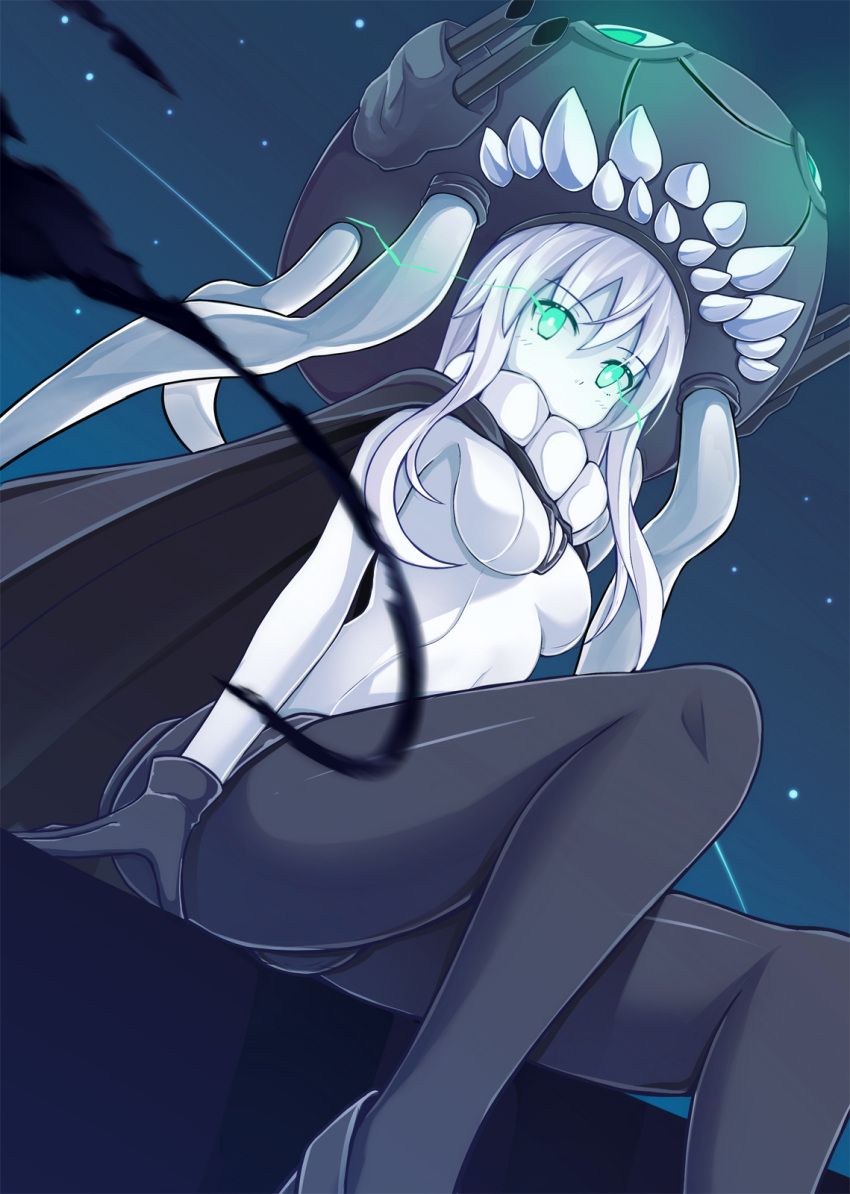 1girl blue_eyes bodysuit breasts cape from_below gloves glowing glowing_eyes hat highres kantai_collection long_hair looking_down monster night okome_(minagisama) pale_skin personification shinkaisei-kan short_hair silver_hair sitting solo wo-class_aircraft_carrier