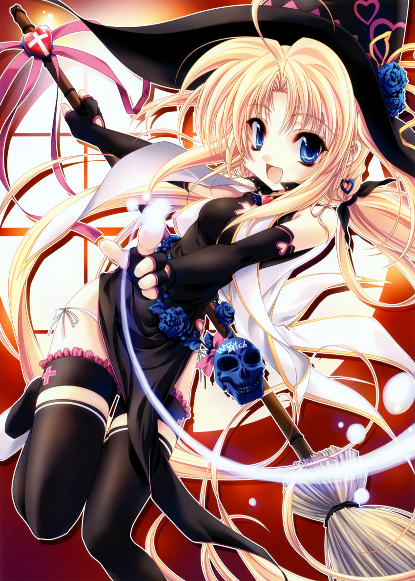 absurdres blonde_hair blue_eyes broom fang fingerless_gloves gloves hat highres kanojo_tachi_no_ryuugi miyama-zero open_mouth panties shirogane_akane side-tie_panties skull smile thigh-highs thighhighs underwear white_panties witch witch_hat