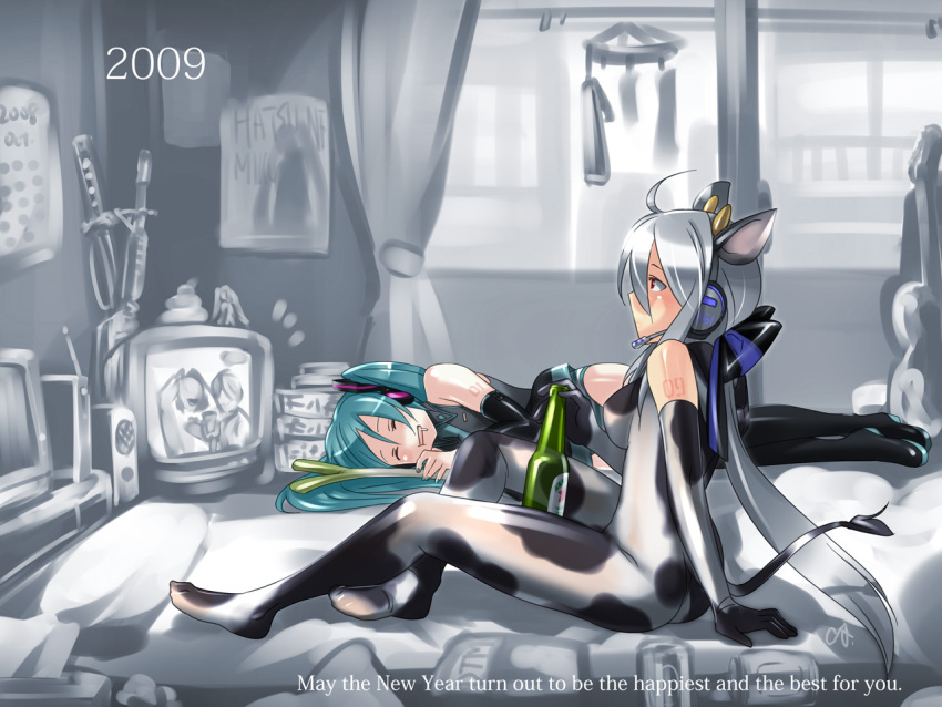 2009 2girls ahoge alcohol animal_ears caffein cow_girl cow_print cowgirl detached_sleeves drooling green_hair grey hatsune_miku long_hair multiple_girls new_year ponytail red_eyes ribbon signature silver_hair skin_tight spring_onion television twintails vocaloid voyakiloid wallpaper yowane_haku