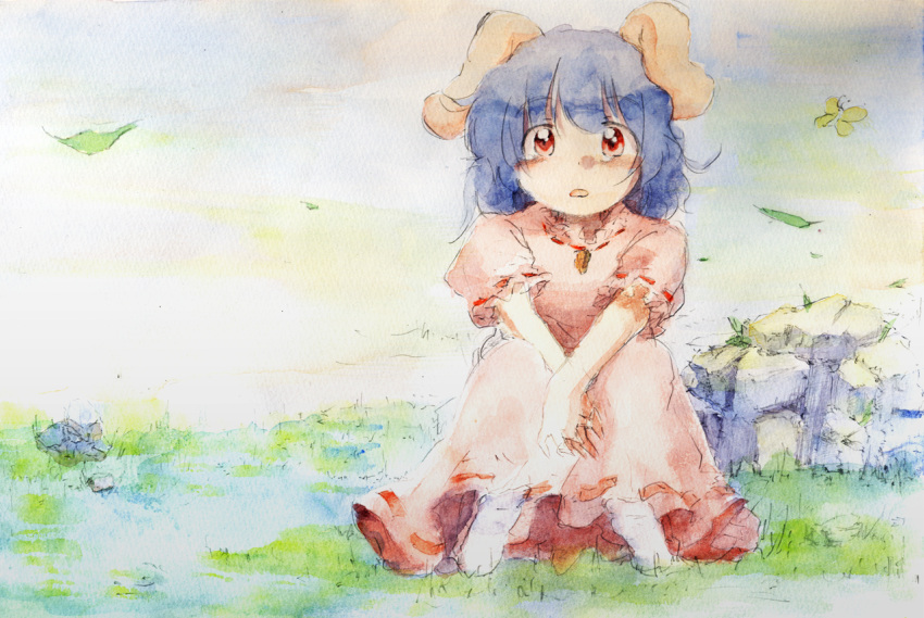 blue_hair blush bunny_ears dress inaba_tewi nature rabbit_ears red_eyes tears touhou traditional_media watercolor watercolor_(medium) yasunao