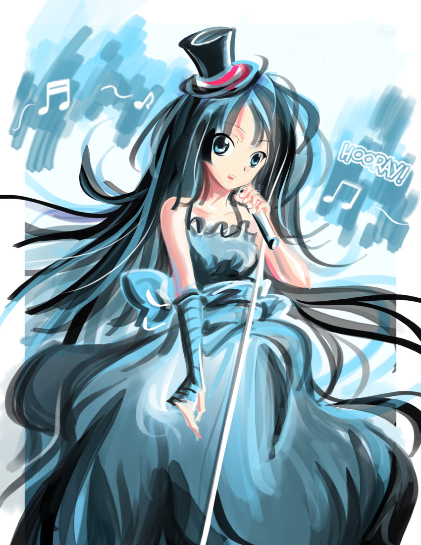 1girl akiyama_mio black_hair don't_say_"lazy" don't_say_lazy dress highres k-on! long_hair microphone microphone_stand qianshuhao singing solo