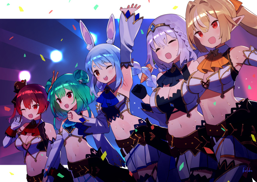 5girls :d ;d animal_ear_fluff animal_ears arm_up armpits ascot bangs blonde_hair blue_ascot blue_hair braid breasts carrot_hair_ornament closed_eyes commentary_request detached_sleeves double_bun elbow_gloves eyebrows_visible_through_hair flat_chest food-themed_hair_ornament gloves green_hair hair_between_eyes hair_ornament hat highres hololive hololive_fantasy houshou_marine large_breasts long_hair long_sleeves looking_away medium_breasts mini_hat multicolored_hair multiple_girls navel one_eye_closed orange_ascot pointy_ears ponytail rabbit_ears red_ascot red_eyes redhead shiranui_flare shirogane_noel short_eyebrows short_hair signature simple_background skirt small_breasts smile stomach striped sweat teeth thick_eyebrows tiara twin_braids twintails two-tone_hair upper_teeth uruha_rushia usada_pekora virtual_youtuber white_gloves white_hair white_skirt wrist_cuffs zenshin