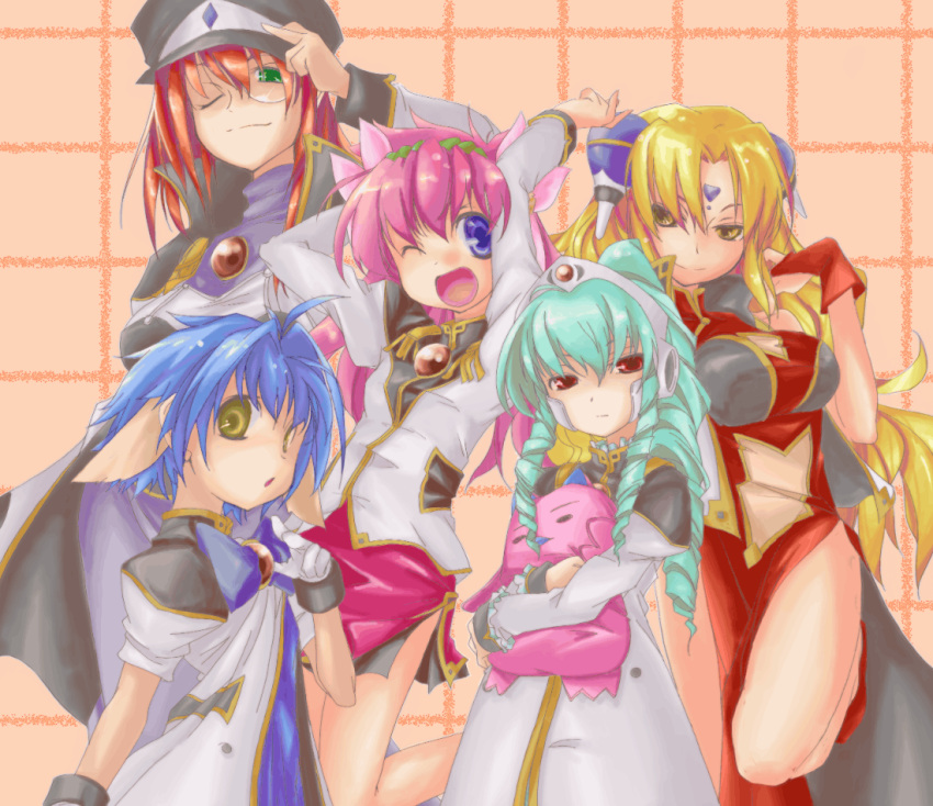 5girls animal_ears aqua_hair blonde_hair blue_eyes blue_hair bow bridal_gauntlets broccoli brooch child china_dress chinese_clothes cleavage_cutout dress drill_hair everyone facial_mark flower forehead_mark forte_stollen galaxy_angel gloves green_hair hair_flower hair_ornament hairband hairpods hat holding hug jewelry leg_lift long_hair milfeulle_sakuraba mint_blancmanche multiple_girls normad open_mouth peaked_cap pink_hair ranpha_franboise red_eyes red_hair redhead salute short_hair skirt stuffed_animal stuffed_toy turtleneck uniform vanilla_h very_long_hair wink yellow_eyes yomi_(artist)