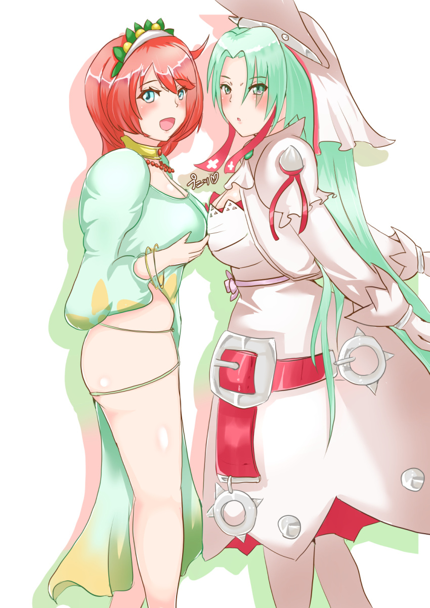 2girls ahoge aqua_eyes aqua_hair arc_system_works artist_request ass blue_eyes blush bracelet breasts bridal_veil choker cosplay costume_switch crossover dress elphelt_valentine elphelt_valentine_(cosplay) gloves grune_(tales) grune_(tales)_(cosplay) guilty_gear guilty_gear_xrd huge_breasts jewelry large_breasts long_hair looking_at_viewer multiple_girls open_mouth parted_lips redhead ribbon shiny shiny_skin short_hair sideboob smile spikes tales_of_(series) tales_of_legendia veil wedding_dress white_dress