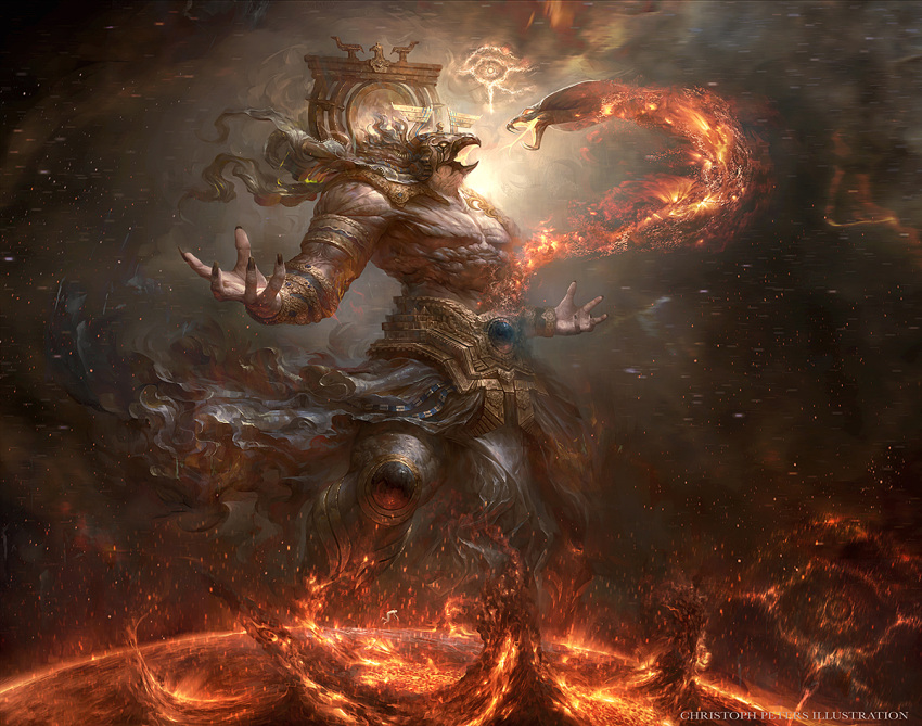 beak christoph_peters cobra_(animal) destruction egyptian_mythology epic fire giant monster_boy ra sash shirtless smoke standing symbol