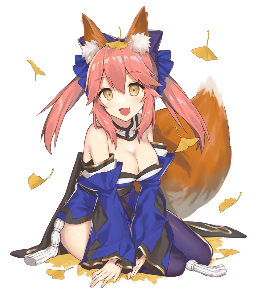 1girl :d animal_ear_fluff animal_ears bangs blue_kimono breasts brown_eyes choker cleavage detached_sleeves eyebrows_visible_through_hair fate/extra fate_(series) floating_hair fox_ears fox_tail hair_between_eyes highres japanese_clothes kimono large_breasts leaf long_hair looking_at_viewer open_mouth pink_hair purple_legwear shiny shiny_clothes simple_background sitting smile solo tadaomi_(amomom) tail tamamo_(fate)_(all) tamamo_no_mae_(fate) twintails white_background