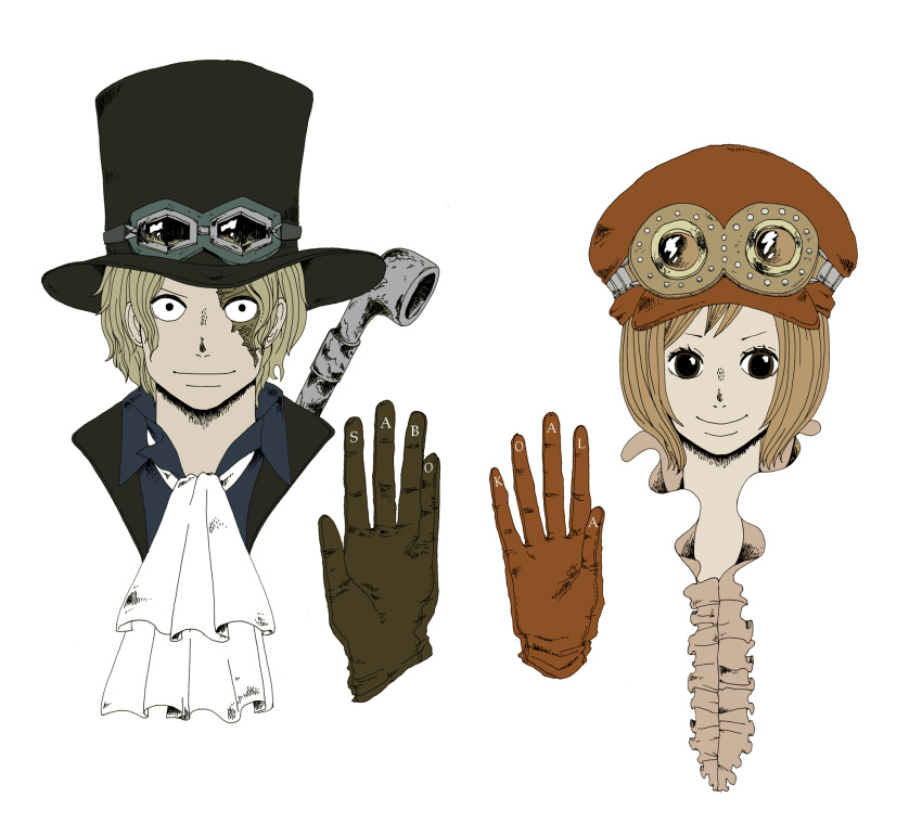1boy 1girl gloves goggles goggles_on_hat hat highres koala_(one_piece) one_piece ruffled_shirt sabo_(one_piece) short_hair