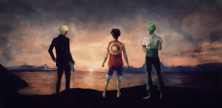 3boys a-amal back black_hair blonde_hair boots cigarette crossed_arms formal green_hair hand_on_hip haramaki hat highres monkey_d_luffy multiple_boys ocean one_piece pants roronoa_zoro sandals sanji scenery sheathed_sword shirt shorts stampede_string straw_hat suit sunset sword t-shirt trio vest weapon