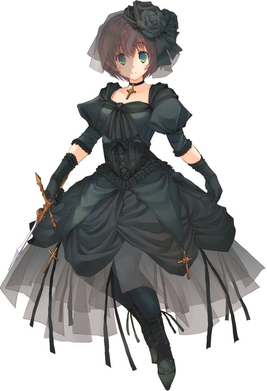 1girl aquaplus black_dress black_legwear brown_hair choker cross dagger dress dungeon_travelers_2 full_body green_eyes highres holding holding_weapon mitsumi_misato official_art pantyhose puffy_sleeves short_hair sleeves_past_elbows smile solo souffle_twinny transparent_background veil weapon