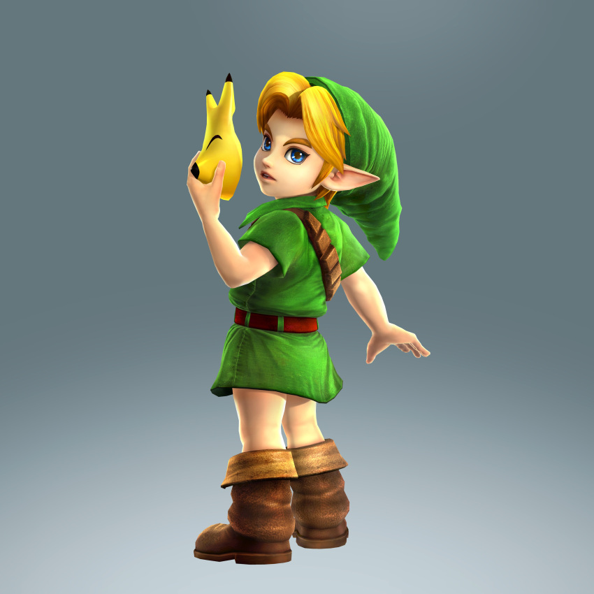 1boy absurdres boots child fox_mask full_body green_shirt hat highres link mask official_art pointy_ears solo standing tagme the_legend_of_zelda the_legend_of_zelda:_majora's_mask young_link zelda_musou