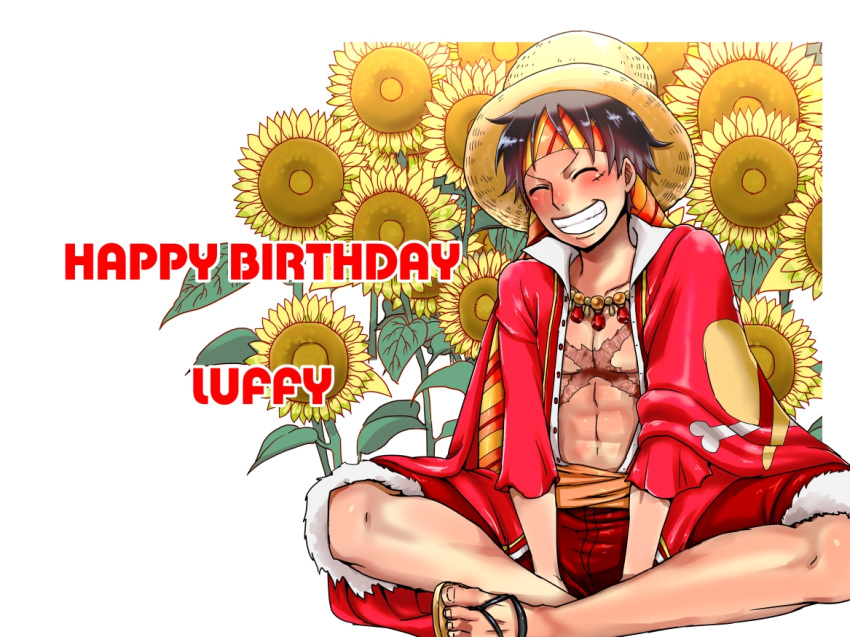 1boy bandanna birthday character_name flower hat male_focus monkey_d_luffy one_piece open_clothes open_shirt sandals sash scar shirt sitting smile solo straw_hat sunflower