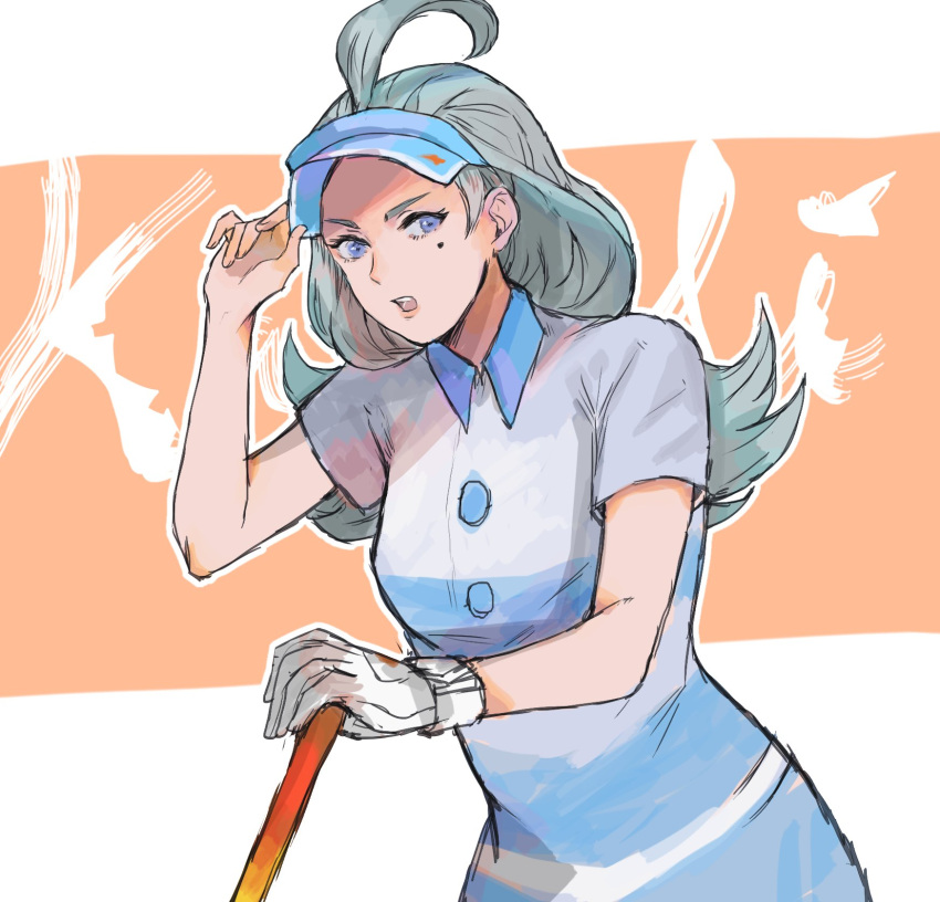 1girl ahoge aqua_hair buttons character_name elite_four gloves golf_club hand_on_headwear highres jyuv kahili_(pokemon) lavender_eyes long_hair looking_away looking_to_the_side mole mole_under_eye open_mouth pokemon pokemon_(game) pokemon_sm shirt short_sleeves single_glove solo striped striped_shirt teeth visor_cap white_gloves