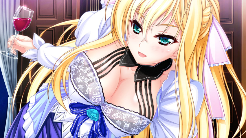 1girl alcohol amasaka_takashi blonde_hair breasts cleavage cup door dress game_cg green_eyes hair_ribbon huge_breasts leaning_forward long_hair looking_at_viewer open_mouth ribbon smile solo unionism_quartet wine yurifina_sol_ereanoruto