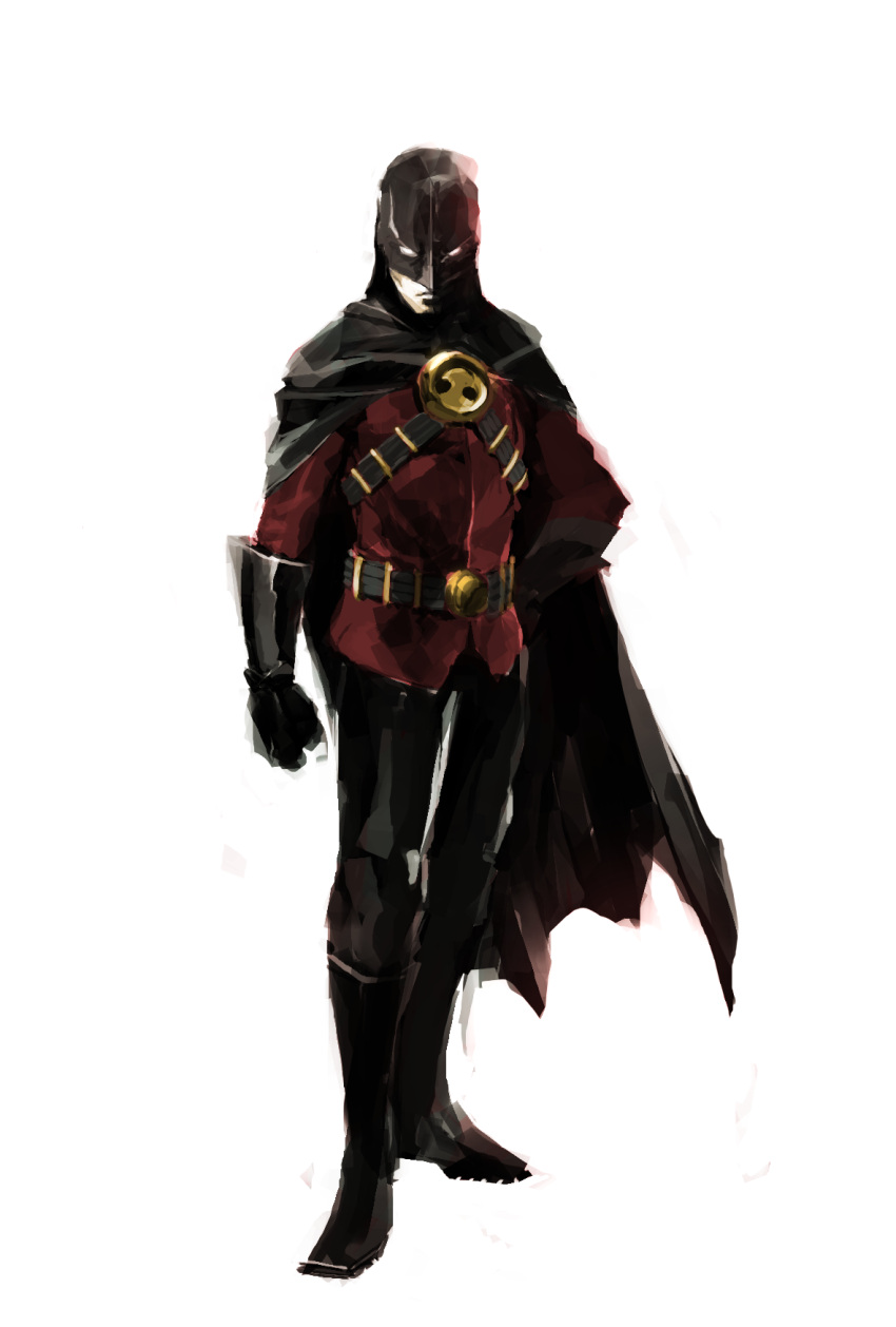 1boy batman_(series) belt black_pants black_shoes cape dc_comics male_focus mask pants red_robin shoes solo standing tim_drake