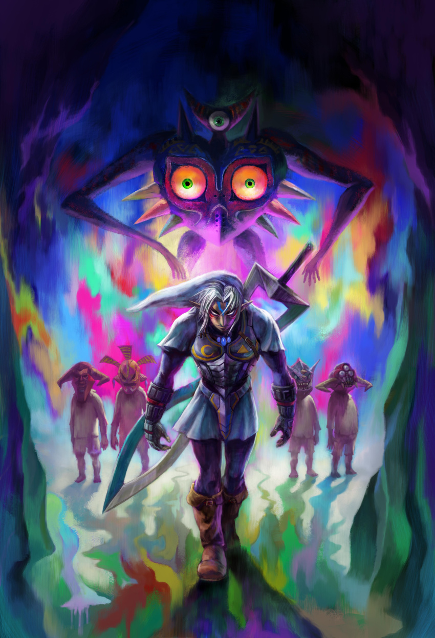 5boys absurdres alternate_form boots facial_mark fierce_deity highres huge_sword link majora's_incarnation majora_(entity) mask monster multicolored_background multiple_boys nintendo official_art pointy_ears silver_hair standing the_legend_of_zelda the_legend_of_zelda:_majora's_mask