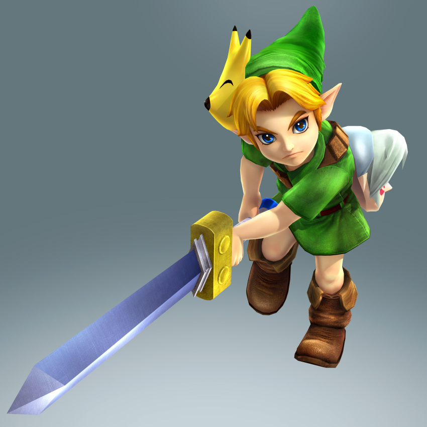 1boy absurdres blonde_hair blue_eyes child fierce_deity fox_mask full_body gradient gradient_background highres keaton_mask link mask official_art solo sword tagme the_legend_of_zelda the_legend_of_zelda:_majora's_mask weapon young_link zelda_musou