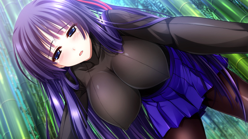 1girl all_fours amasaka_takashi bamboo blue_eyes blush breasts erect_nipples from_below game_cg hanging_breasts huge_breasts legs long_hair looking_at_viewer open_mouth pantyhose purple_hair skirt solo thighs toujou_amane unionism_quartet