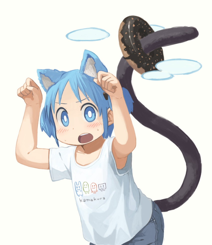 1girl animal_ears armpits arms_up blue_eyes blue_hair blush cat_ears cat_tail denim doughnut female food hair_cubes hair_ornament jeans kemonomimi_mode looking_at_viewer md5_mismatch naganohara_mio nichijou nishimura_(prism_engine) open_mouth pants paw_pose shirt short_hair short_twintails simple_background solo standing sweat t-shirt tail twintails white_background