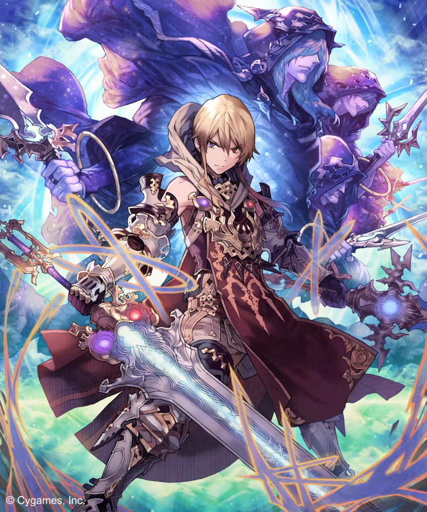 1boy armor bare_shoulders boots closed_mouth commentary_request ezusuke frown gauntlets gem heterochromia highres holding holding_staff holding_sword holding_weapon hood hood_down hood_up huge_weapon looking_at_viewer magic male_focus metal_boots red_eyes robe shingeki_no_bahamut solo_focus staff sword tabard violet_eyes weapon