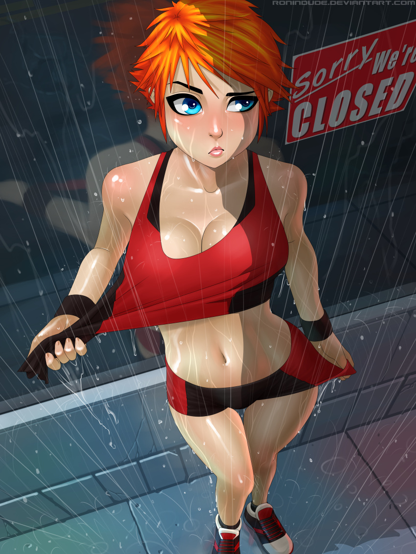 1girl absurdres bare_shoulders bike_shorts blue_eyes breasts cleavage highres midriff navel orange_hair rain reflection ronindude shoes sign sleeveless sneakers standing tank_top wet wet_clothes window wristband