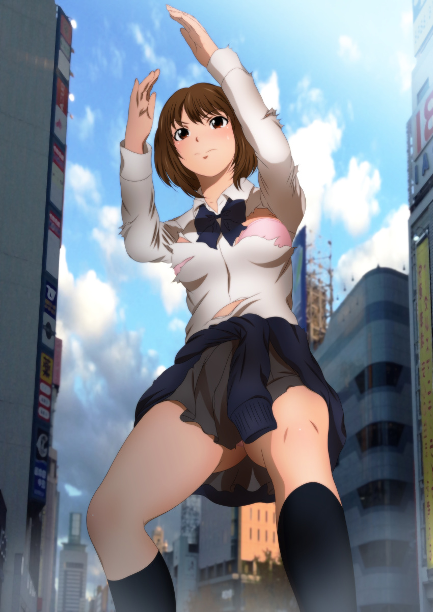 1girl absurdres blush bow bowtie bra breasts brown_hair building city clothes_around_waist clouds giantess highres large_breasts legs looking_away red_eyes school_uniform serious short_hair skirt sky socks solo standing thighs torn_clothes underwear yadokari_genpachirou