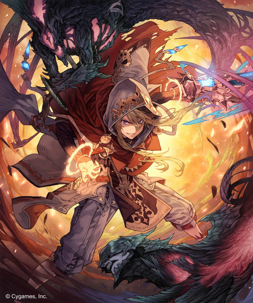 1boy attack blonde_hair cape commentary_request demon ezusuke grin highres holding holding_sword holding_weapon hood hood_up long_hair long_sleeves looking_at_viewer magic male_focus parted_lips red_cape robe sharp_teeth shingeki_no_bahamut smile solo_focus sword teeth violet_eyes watermark weapon