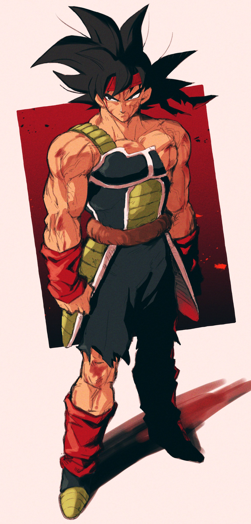 absurdres armor bandana bardock bleeding blood blood_from_mouth blood_on_face bodysuit broken_armor bruise bruise_on_face clenched_hand cuts dirty dragon_ball dragon_ball_z gauntlets highres injury monkey_tail relio_db318 saiyan saiyan_armor scar scratches shoulder_armor tail torn_bodysuit torn_clothes torn_legwear