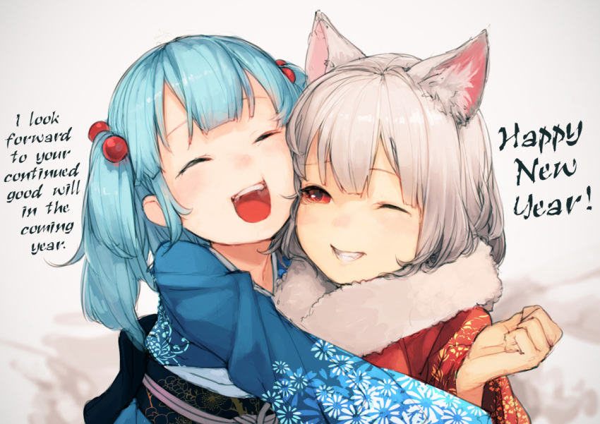 2girls akeome alternate_costume animal_ears blue_hair blush cheek_press hair_bobbles hair_ornament hard_translated hug inubashiri_momiji japanese_clothes junwool kawashiro_nitori kimono long_sleeves multiple_girls new_year one_eye_closed red_eyes short_hair silver_hair smile touhou translated twintails wink wolf_ears