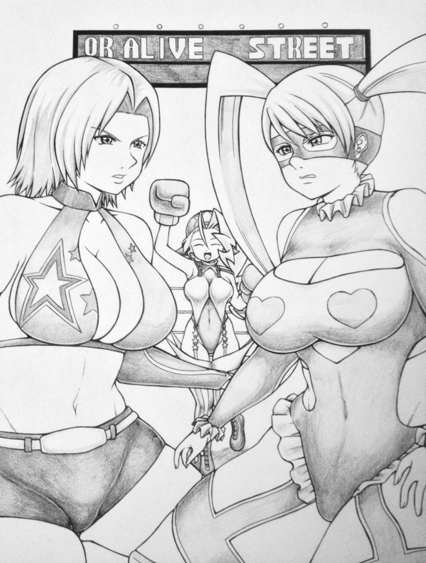 3girls breasts cleavage crossover dead_or_alive large_breasts monochrome multiple_girls rainbow_mika rival_schools street_fighter tiffany_lords tina_armstrong wrestling_outfit