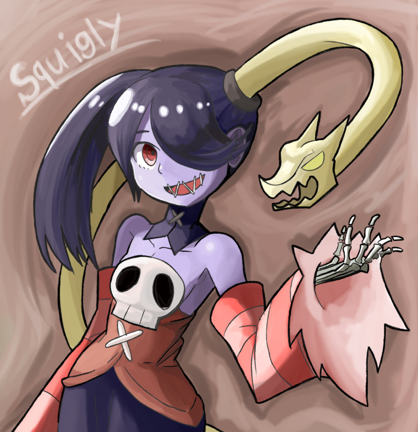 1girl blue_hair blue_skin character_name detached_collar detached_sleeves female hair_over_one_eye hota_(oznomahoutukai) leviathan_(skullgirls) monster_girl open_mouth parasite red_eyes shoulders skeleton skullgirls squigly_(skullgirls) stitches tagme yellow_eyes zombie