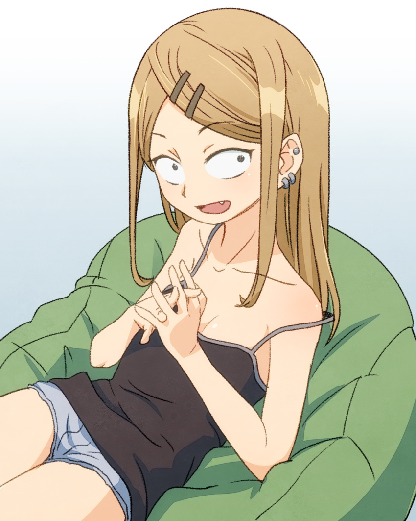 1girl :d bean_bag_chair blonde_hair breasts camisole collarbone commentary constricted_pupils dagashi_kashi ear_piercing endou_saya eyebrows_visible_through_hair fang hair_ornament hairclip highres interlocked_fingers long_hair looking_at_viewer open_mouth piercing sanpaku sat-c short_shorts shorts simple_background small_breasts smile solo strap_slip