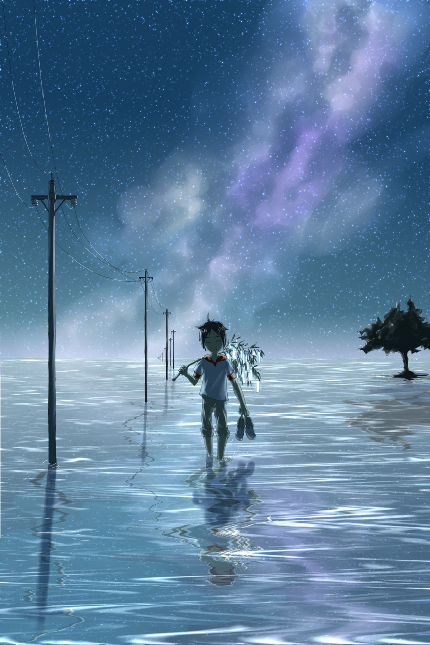 1boy child dark fz_sky male_focus night outdoors solo star tanabata tree water
