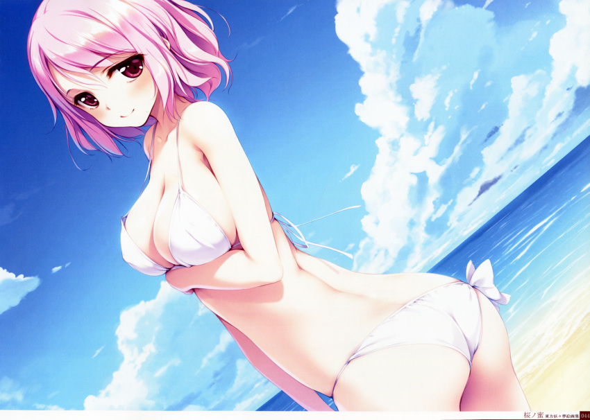 1girl absurdres ass beach bikini blue_sky blush breast_hold breasts cleavage dutch_angle from_behind highres ke-ta large_breasts looking_at_viewer pink_eyes pink_hair saigyouji_yuyuko side-tie_bikini skindentation sky smile solo strap_gap string_bikini swimsuit touhou white_bikini white_swimsuit