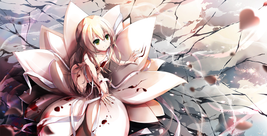 1girl bandage blonde_hair blood closed_mouth collarbone female flower green_eyes heart long_hair original riburanomind smile solo
