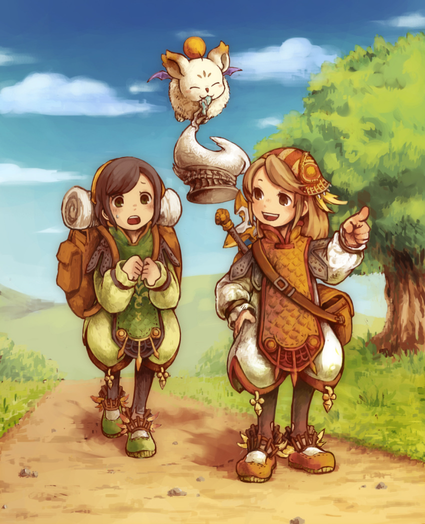 2girls backpack bag boots brown_hair clavat crystal female final_fantasy final_fantasy_crystal_chronicles flying hairband moogle multiple_girls open_mouth pointing quilted short_hair smile tree