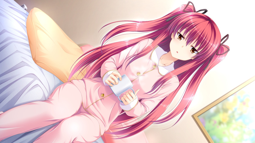 1girl bed blush brown_eyes cup game_cg hair_ribbon highres kimishima_ao legs long_hair looking_at_viewer mitsu_king otome_ga_kanaderu_koi_no_aria pajamas picture_(object) pillow redhead ribbon sitting smile solo thighs twintails zinno