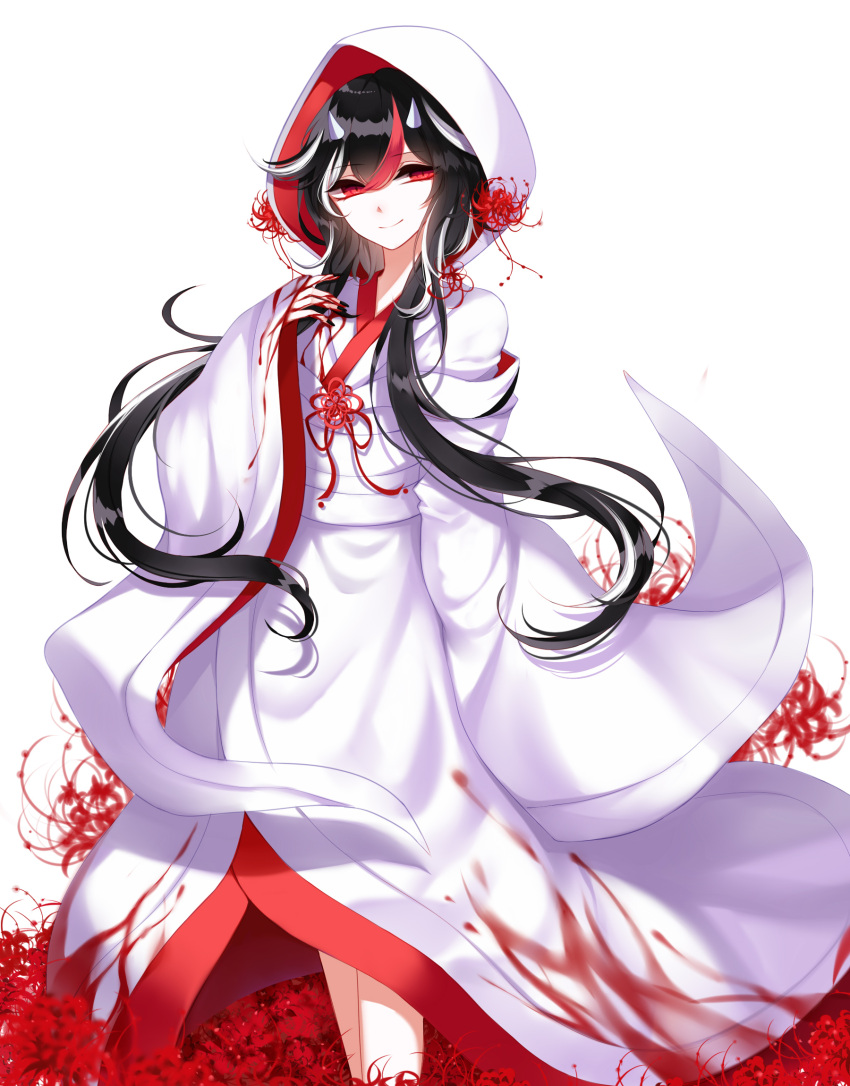 1girl alternate_costume alternate_hair_length alternate_hairstyle black_hair black_nails blood bloody_clothes bloody_hands closed_mouth field flower flower_field furisode highres horns japanese_clothes kijin_seija kimono long_hair long_sleeves looking_at_viewer multicolored_hair nail_polish obi red_eyes redhead sash sheya sidelocks sleeves_past_wrists smile solo spider_lily standing streaked_hair touhou uchikake white_background white_hair wide_sleeves