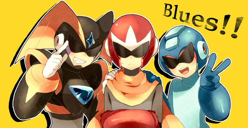 3boys android blues_(rockman) character_name english forte_(rockman) frown grin helmet multiple_boys pink_usagi rockman rockman_(character) scarf simple_background smile sunglasses sweatdrop yellow_background