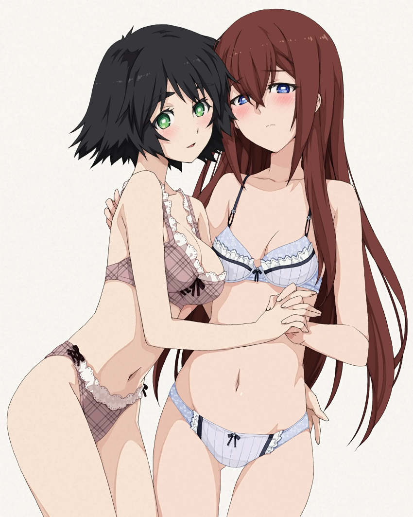 2girls 5pb. absurdres black_hair blush bra breasts brown_hair cleavage duplicate green_eyes hand_holding highres lingerie long_hair makise_kurisu multiple_girls nitroplus open_mouth panties saipaco science_adventure shiina_mayuri short_hair simple_background steins;gate underwear underwear_only white_background yuri