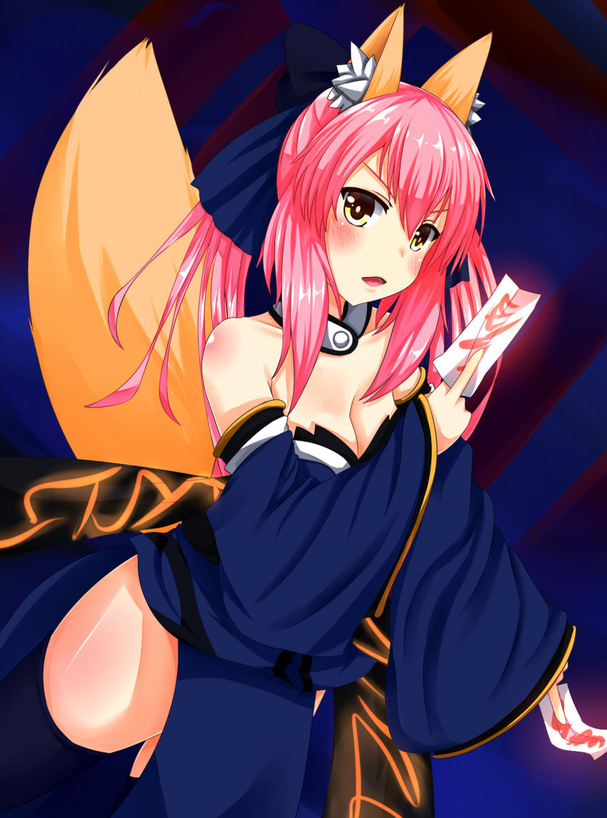1girl animal_ears bare_shoulders blue_legwear blush breasts cleavage collarbone detached_sleeves fate/extra fate_(series) fox_ears fox_tail hair_ribbon highres japanese_clothes looking_at_viewer open_mouth pink_hair ribbon solo tail tamamo_(fate)_(all) tamamo_no_mae_(fate) totororo twintails yellow_eyes